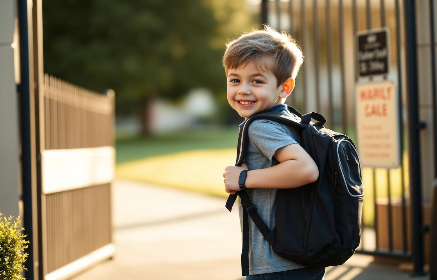 Kind kommt mit Rucksack im Morgenlicht am Schultor an